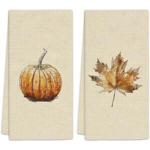Fall Pumpkin‎ Kitchen Towels - Set of 2, Vintage Pumpkin Maple Leaves Decorative